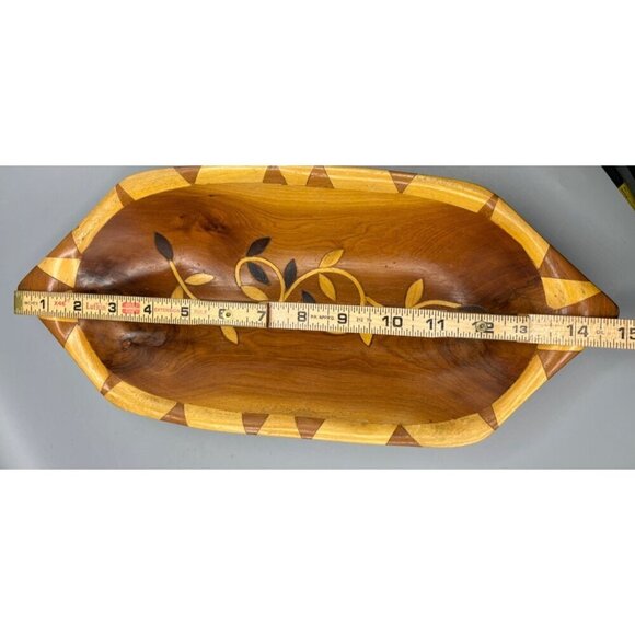 Handmade Wooden Decorative Bowl With Leaf Inlay Design Oval - Picture 7 of 8
